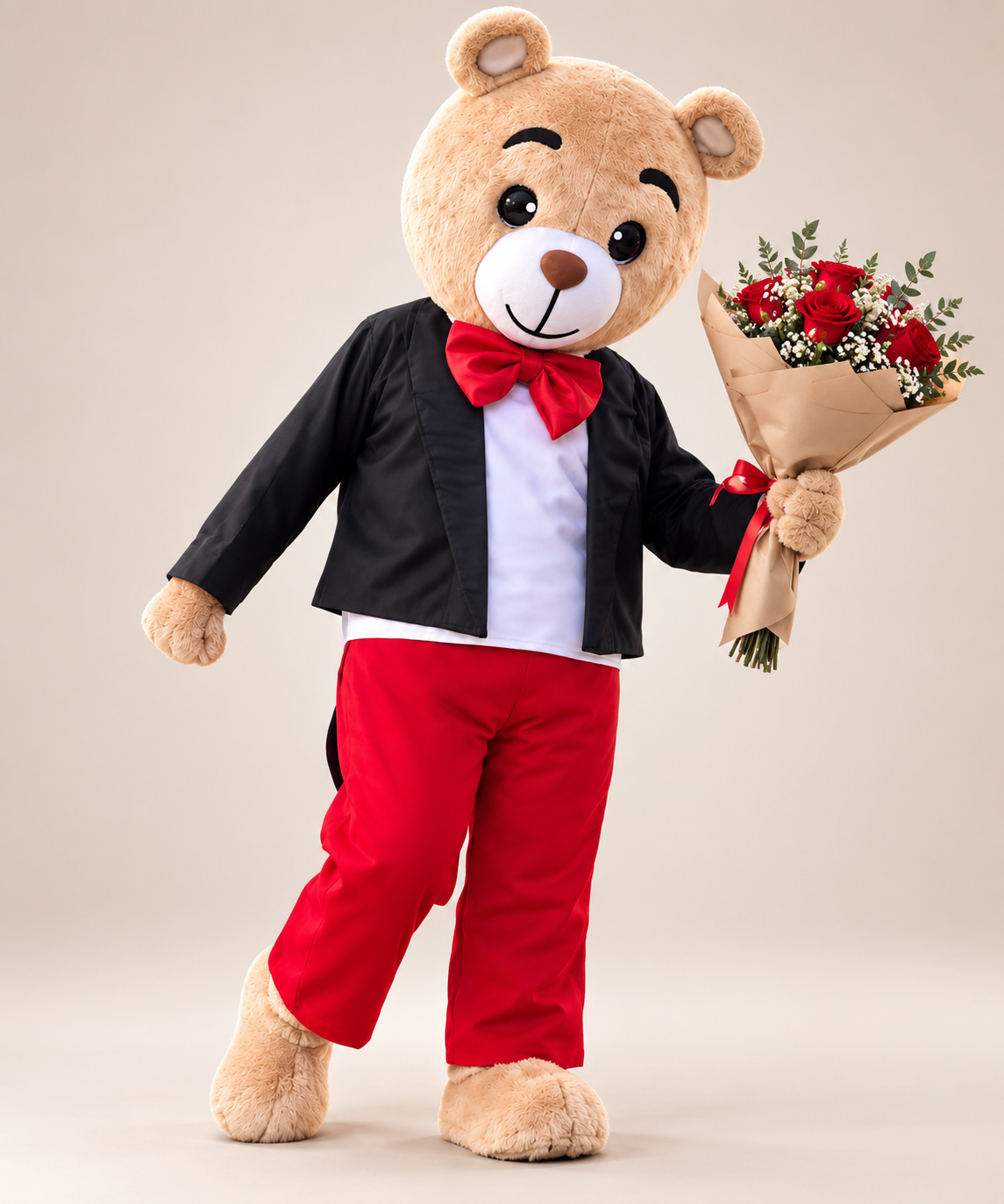 Mascote amigável da Aleruma com ramo de flores vermelhas