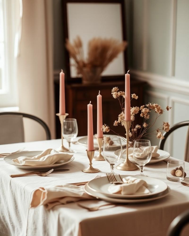 Mesa elegante com guardanapos de linho e velas cor de rosa